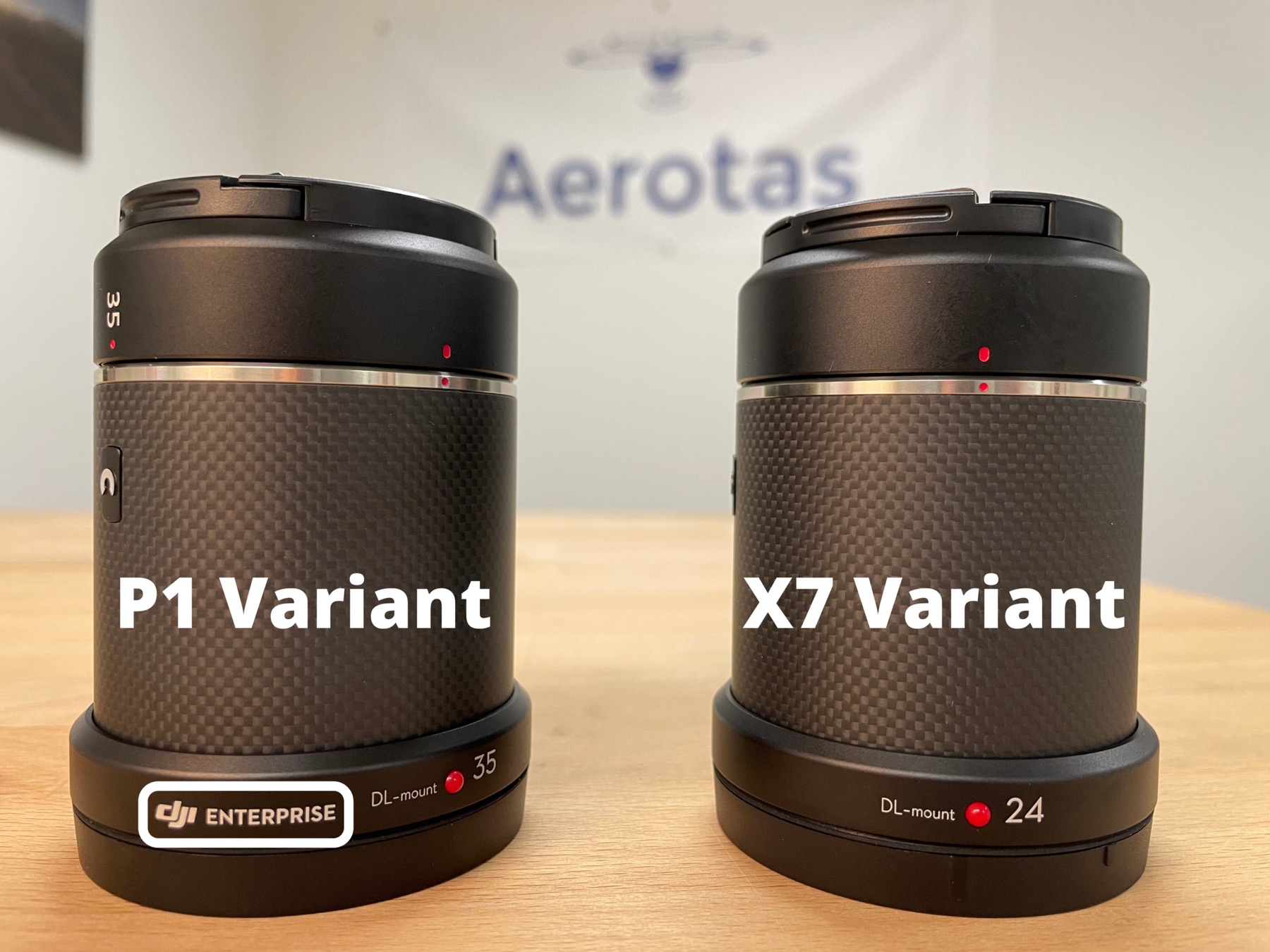 The lens on the left is a P1 variant of the 35mm lens. The only distinguishing factor is the “DJI Enterprise” logo. The lens on the right is an X7 variant and will not produce survey-grade accuracy.